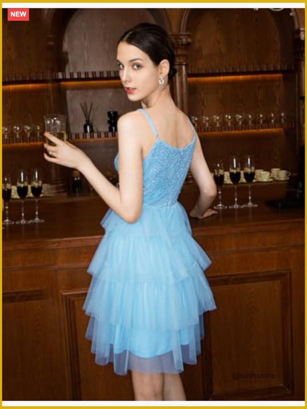 Glitter Sequin Tulle Tiered Mini Party Dress with Spaghetti Straps - Picture 3 of 7